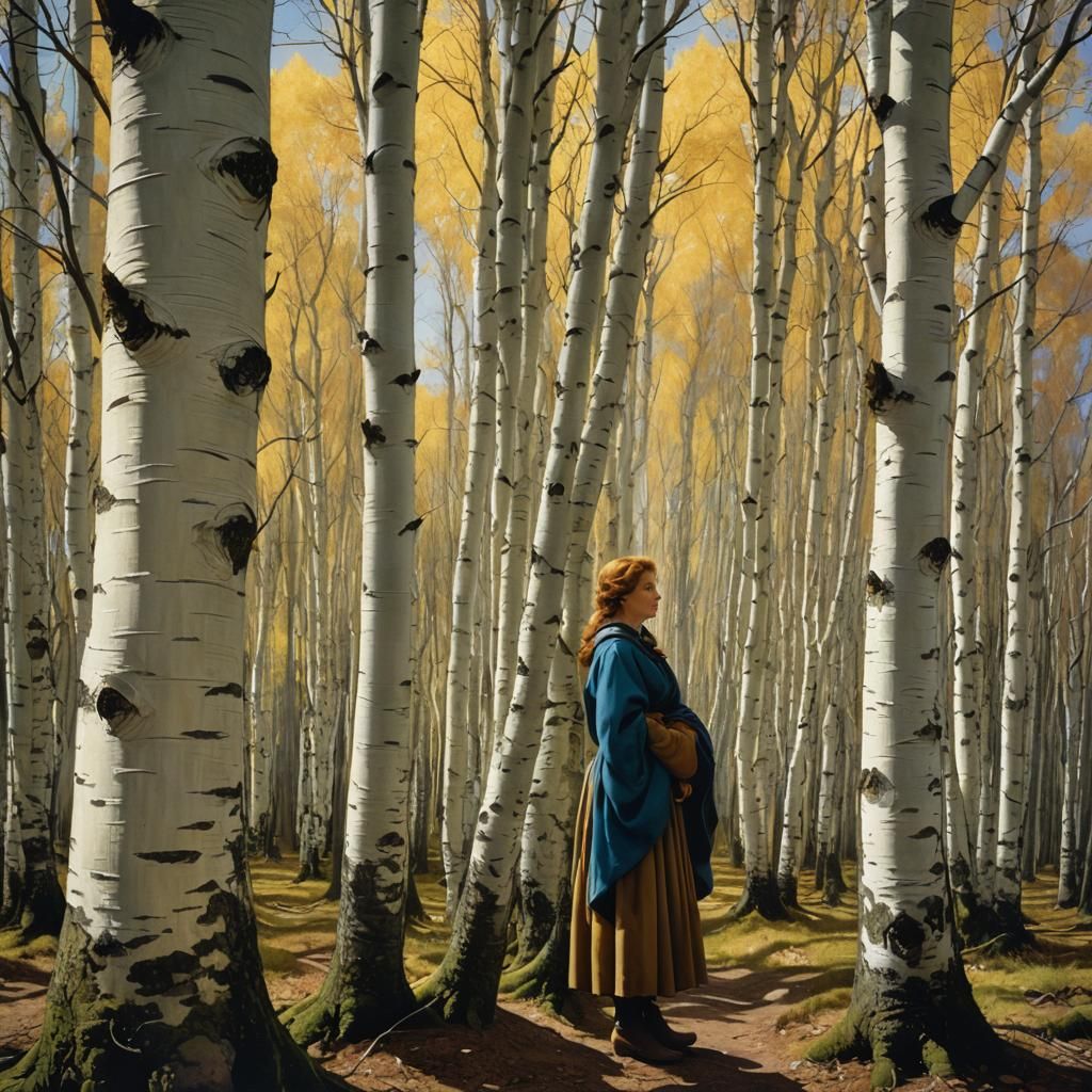 Girl in Birch Forest: Golden Age Illustration