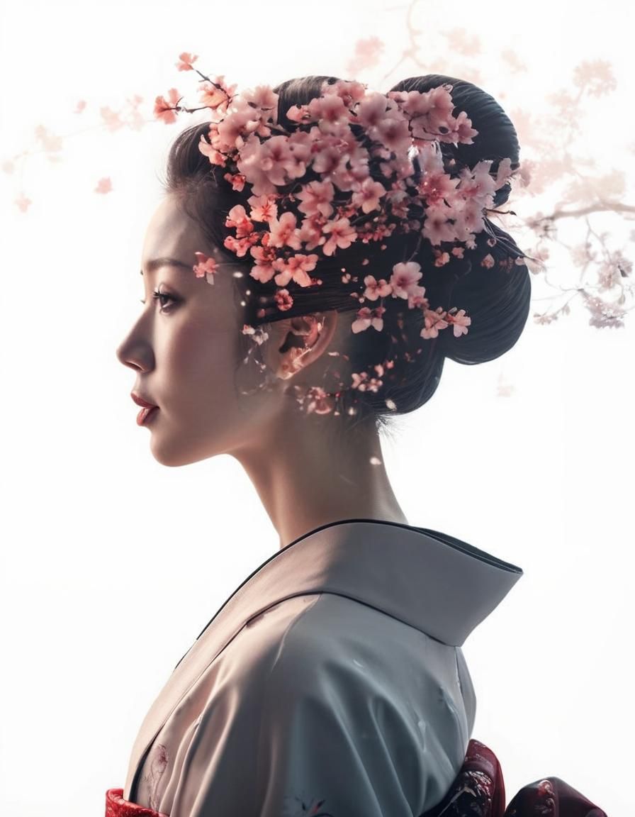 Geisha Silhouette with Cherry Blossom Double Exposure