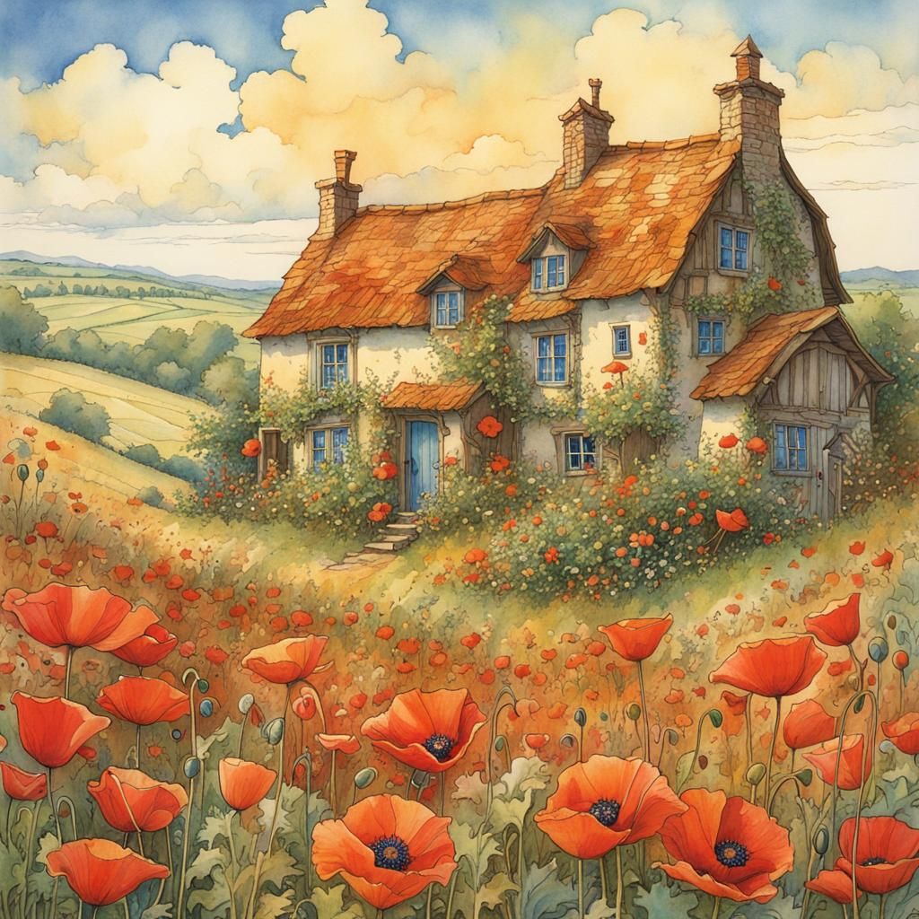 Anime Poppies Countryside: Colorful Detailed Illustration