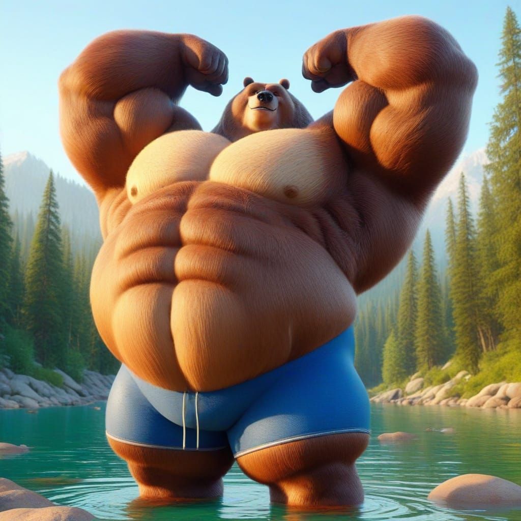 Surreal Bodybuilder Grizzly Bear Flexes in Forest Landscape