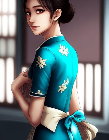 Anime Style Lady in Blue Cheongsam