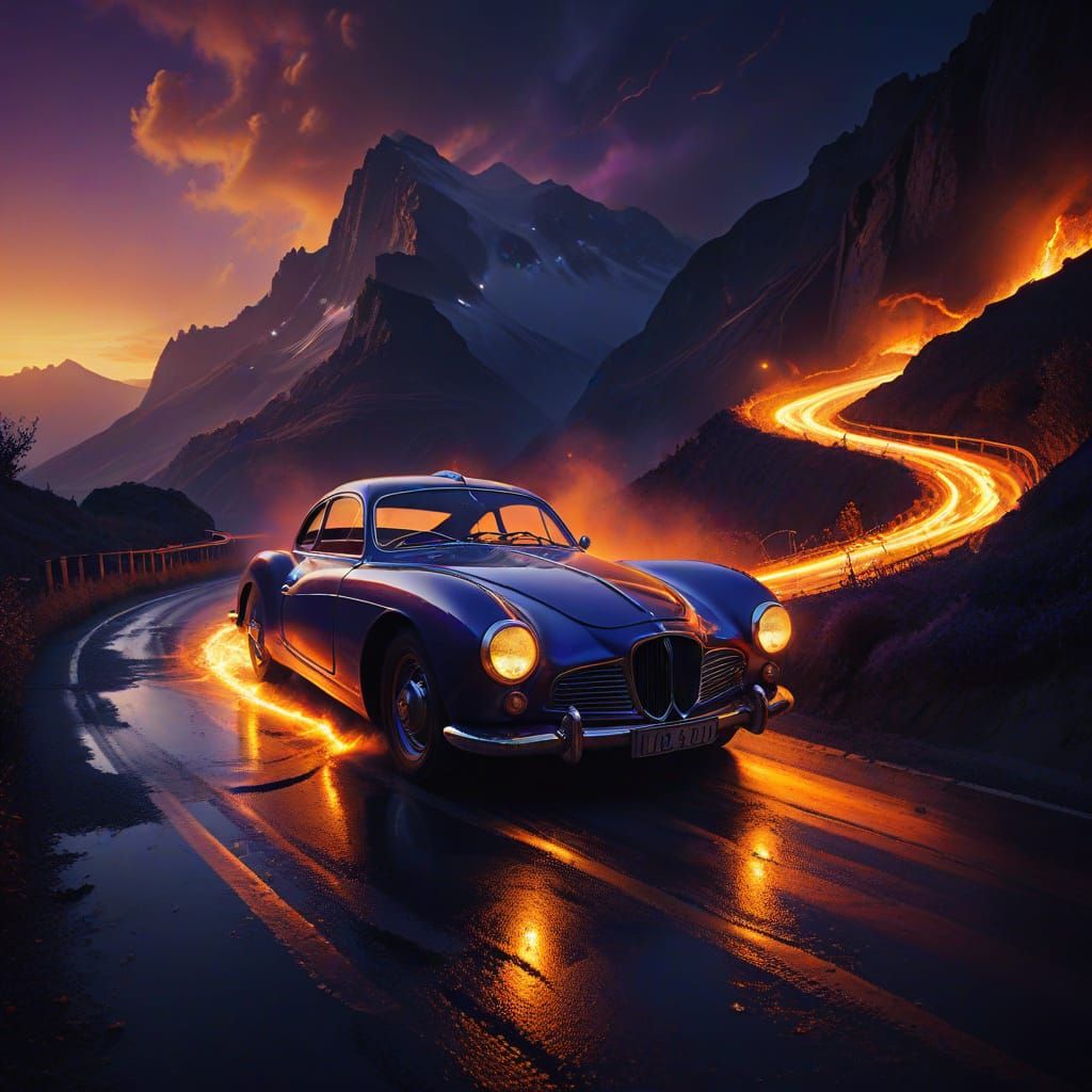 Ethereal Car Speeds Through Alpine Night in Vibrant Oil Pain...