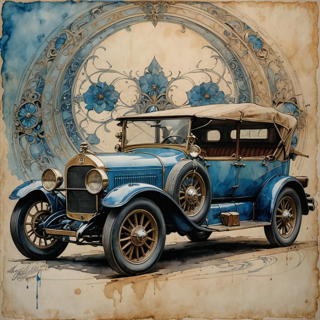 Blue Antique Car in Art Nouveau Style