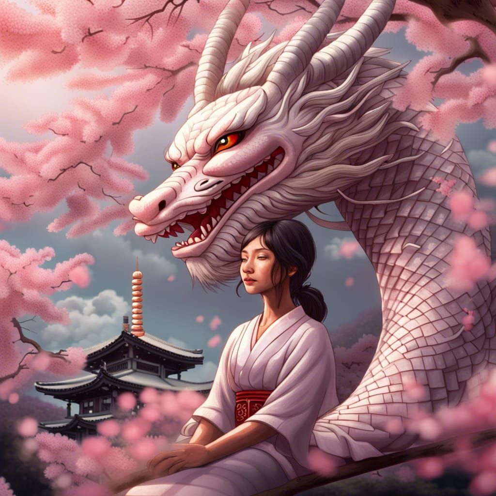 Meditating Girl and Dragon in Cherry Blossoms