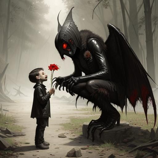 Mothman Offering Flower to Child: Sinister Digital Art