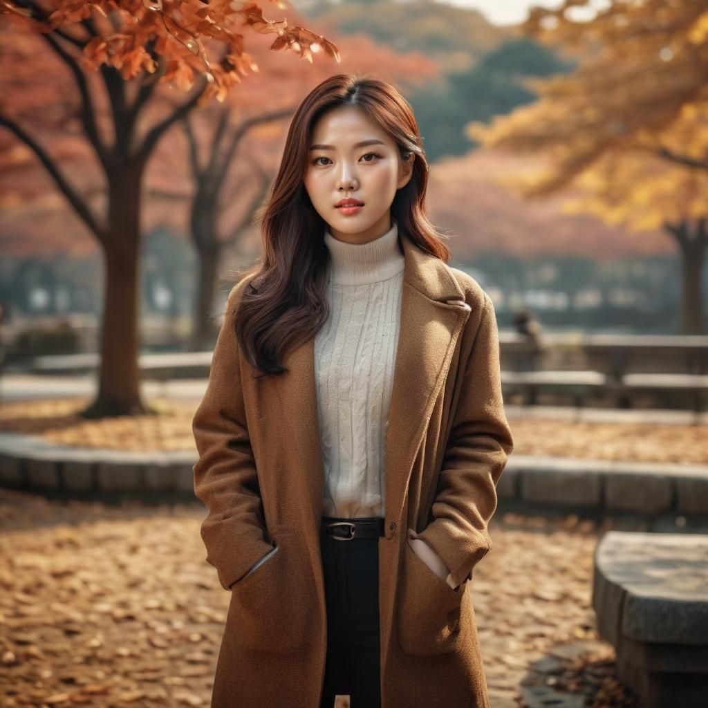 Stylish Korean Model in Autumn Park: Hyperrealistic HDR Phot...
