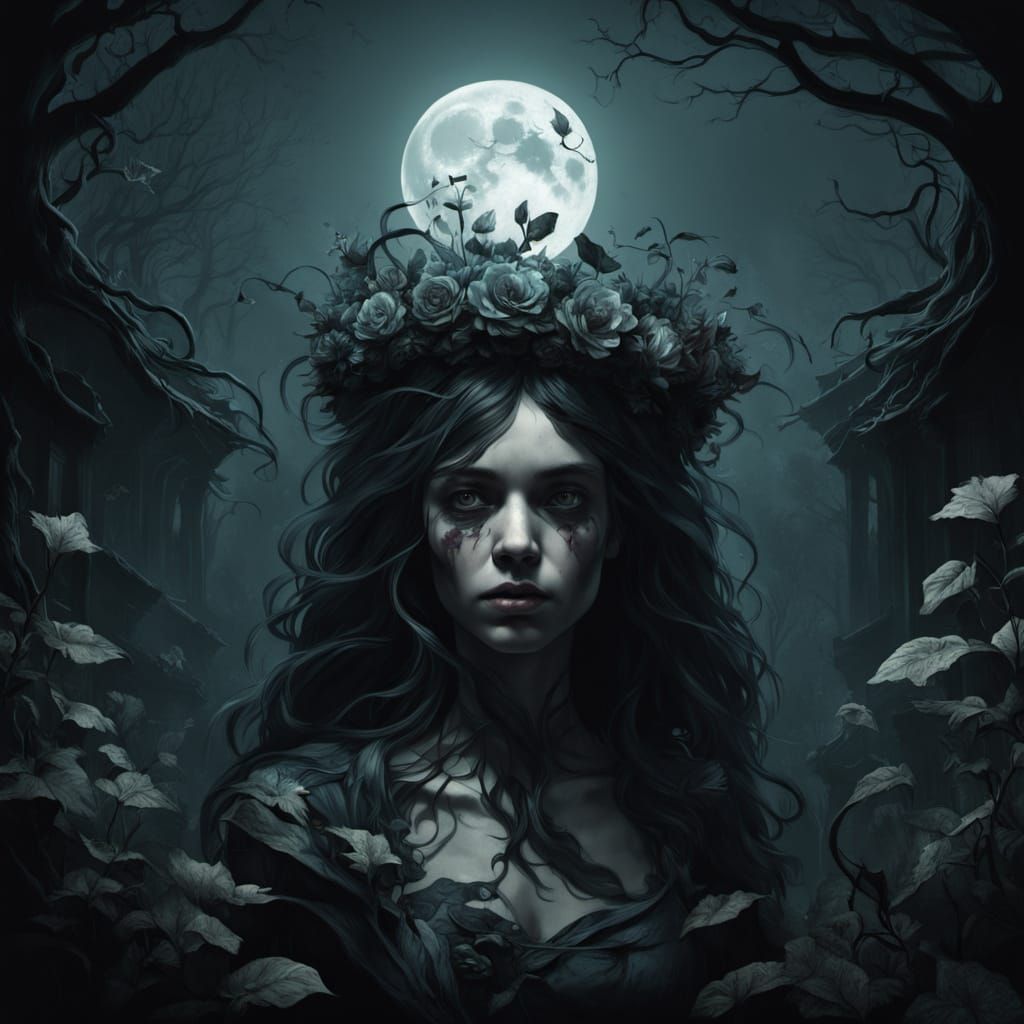 Surreal Dark Fantasy Queen in a Haunting, Twisted Garden