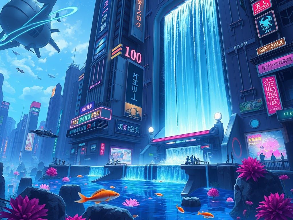Anime Waterfall on Futuristic Skyscraper in Cyberpunk City