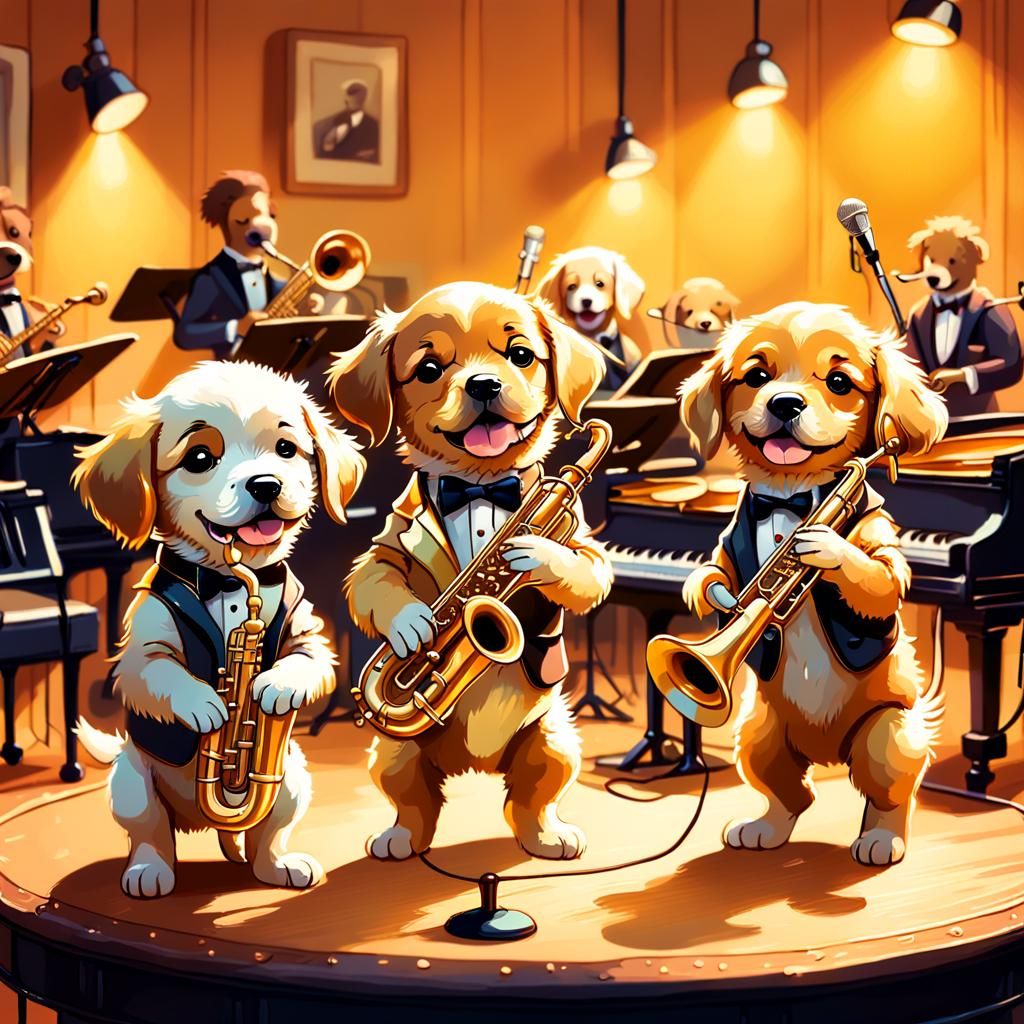 Puppy Jazz Band in Golden Hour, Impressionistic Style