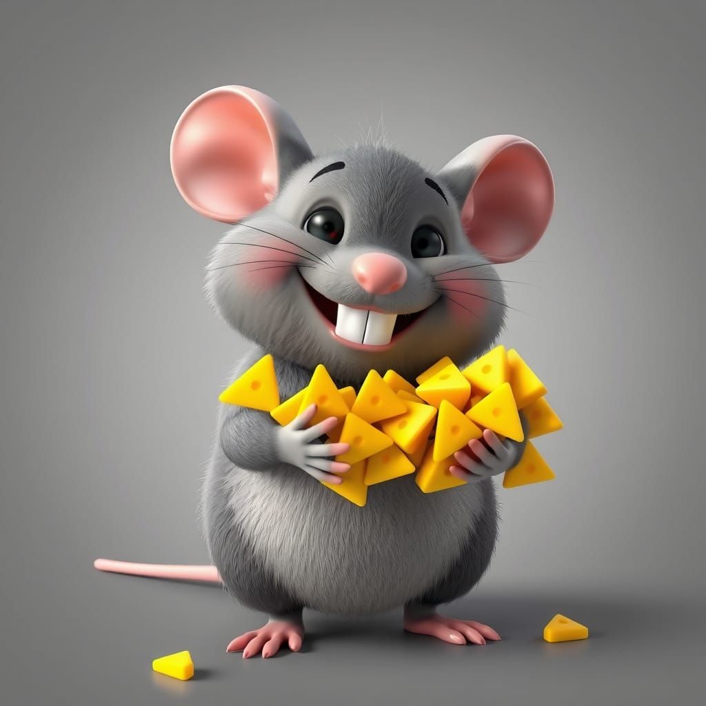 Chubby Gray Mouse Holds Yellow Cheese Triangles