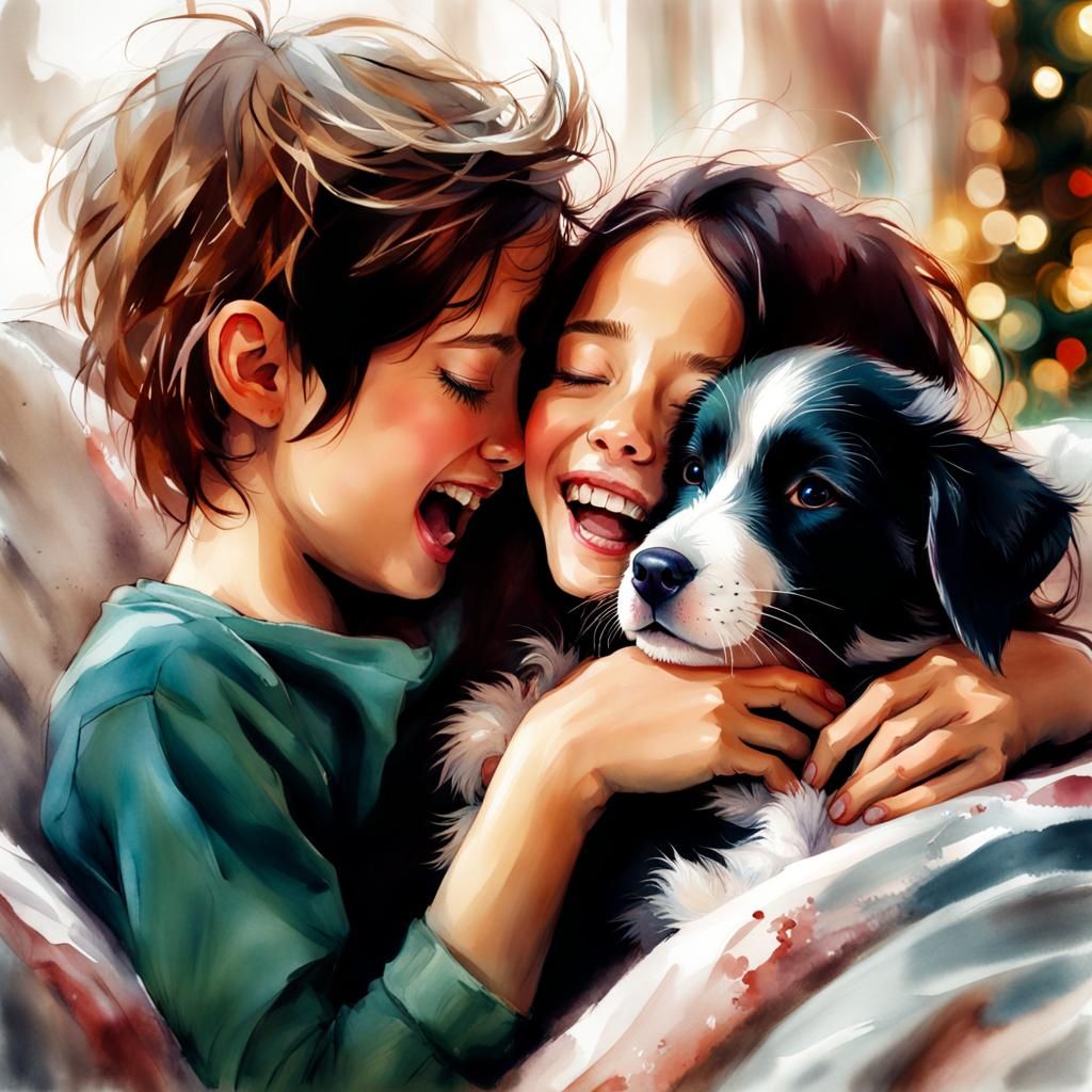 Christmas Morning Joy: Child and Puppy in Watercolor