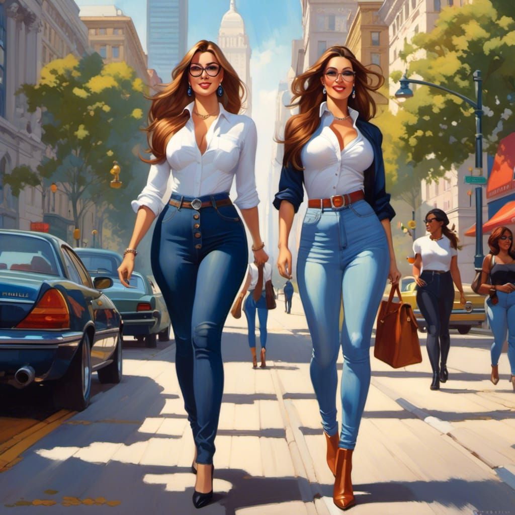 Curvy Businesswomen Walking in City, Glamour Lighting