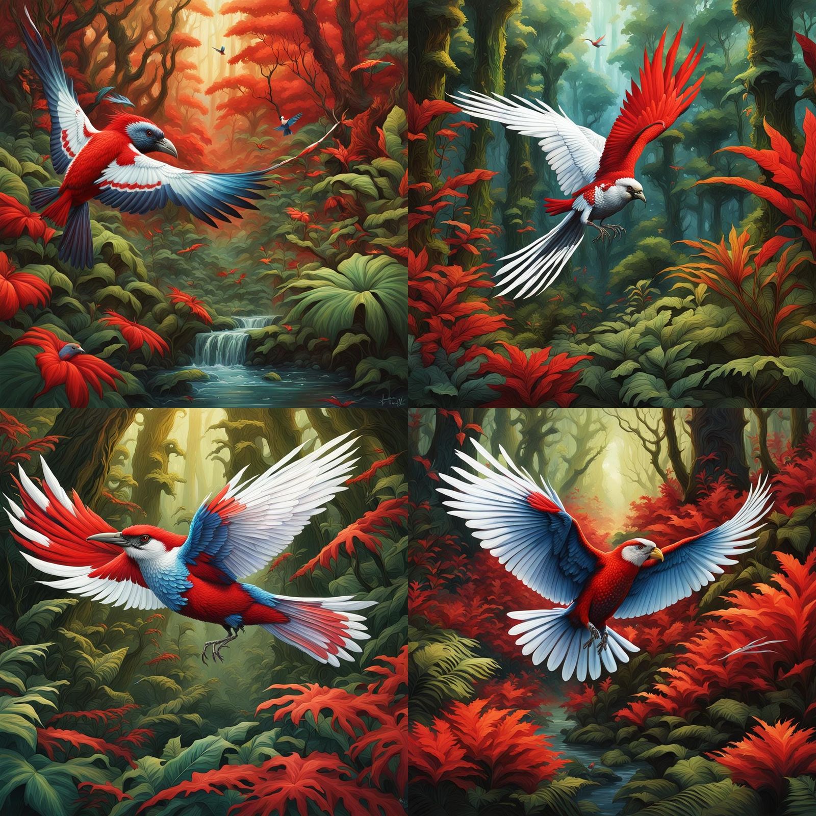 Colorful Bird in Temperate Rainforest, Fantasy Art
