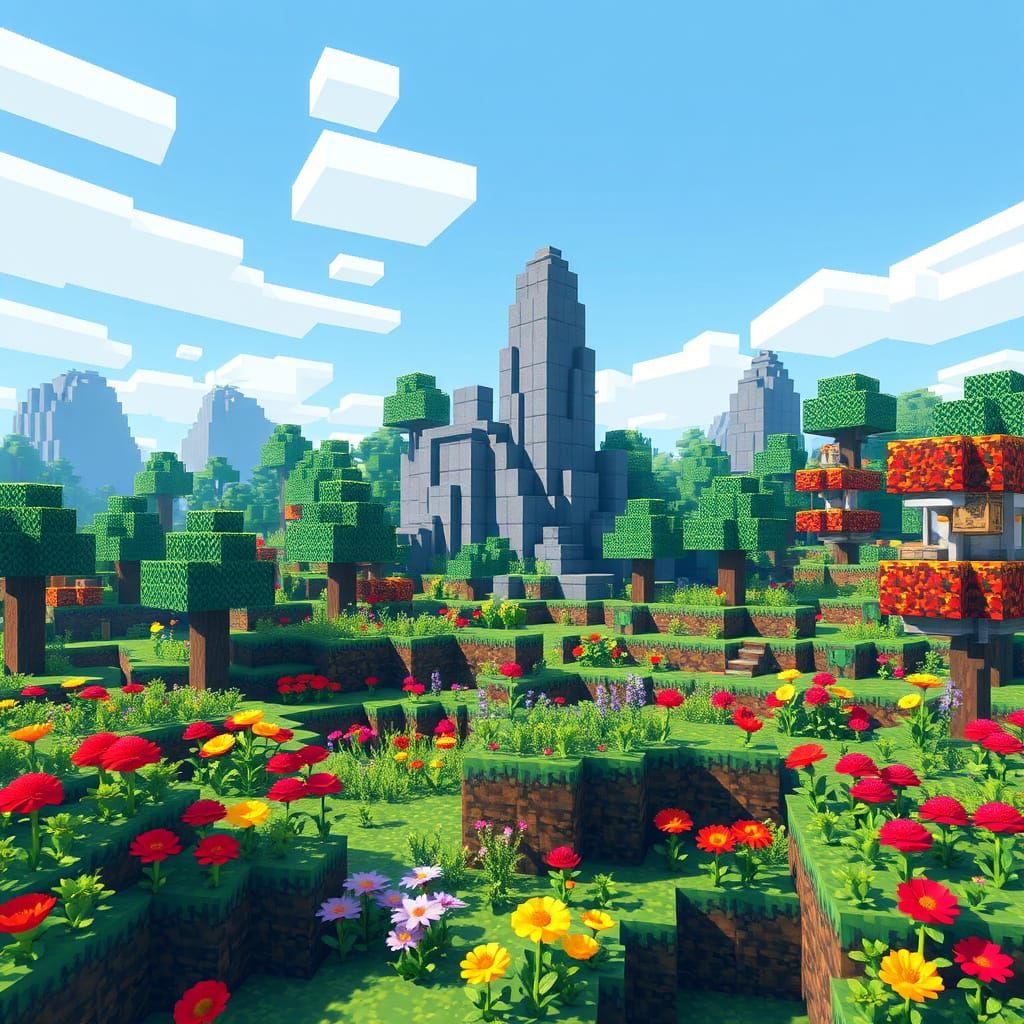 Pixelated Minecraft Landscape in 8-bit Style