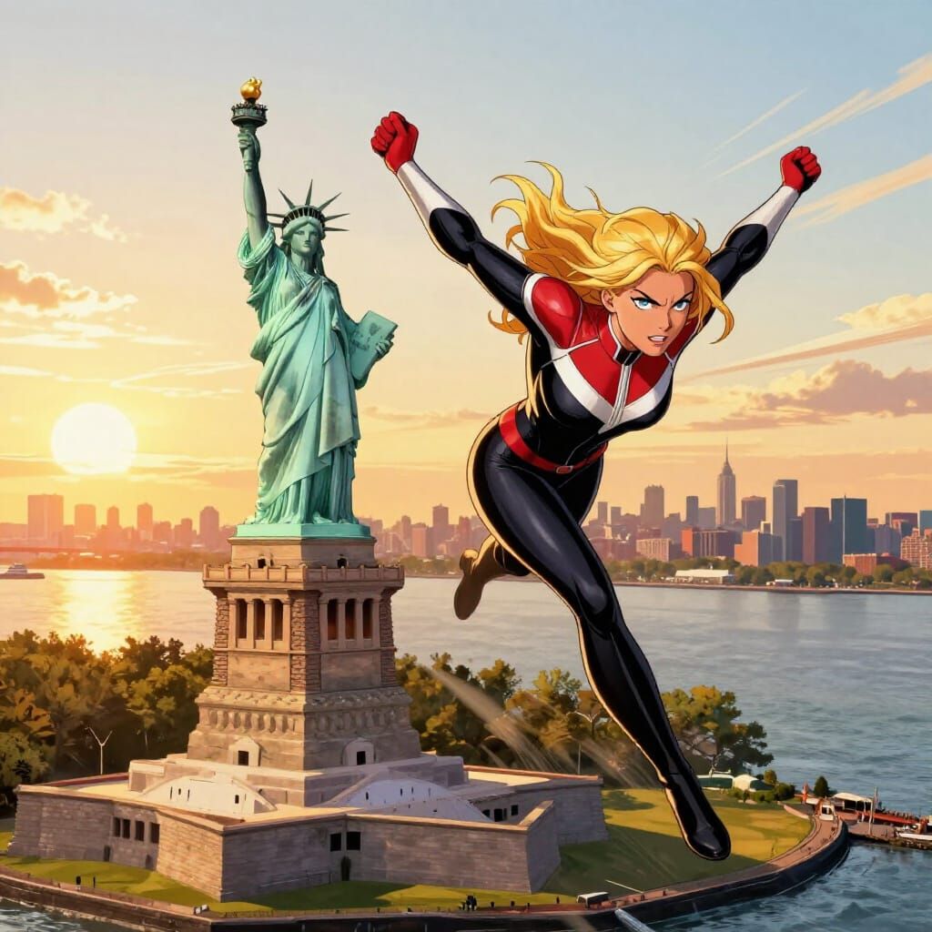 Ms Marvel Flies Near Statue of Liberty at Sunset