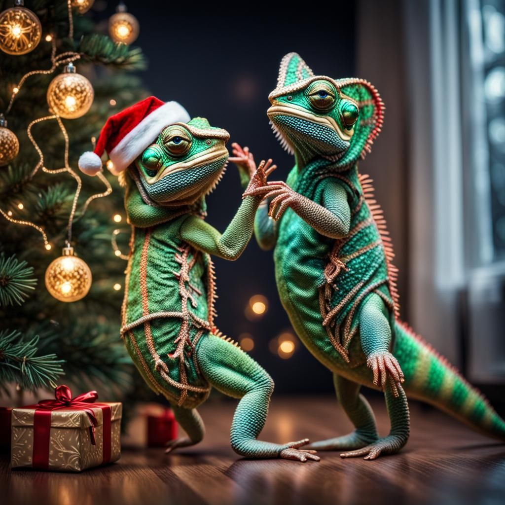 Festive Chameleons Dance in Christmas Lights