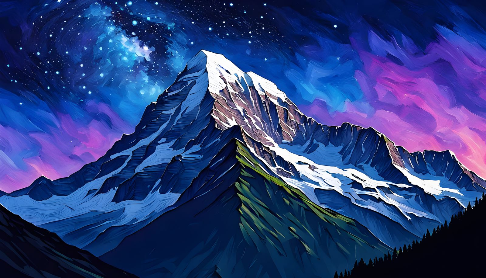 Eiger Mountain at Night in Neo-Impressionist Style