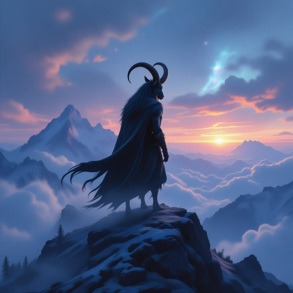 Mystical Half-Human, Half-Goat on Mountain Peak
