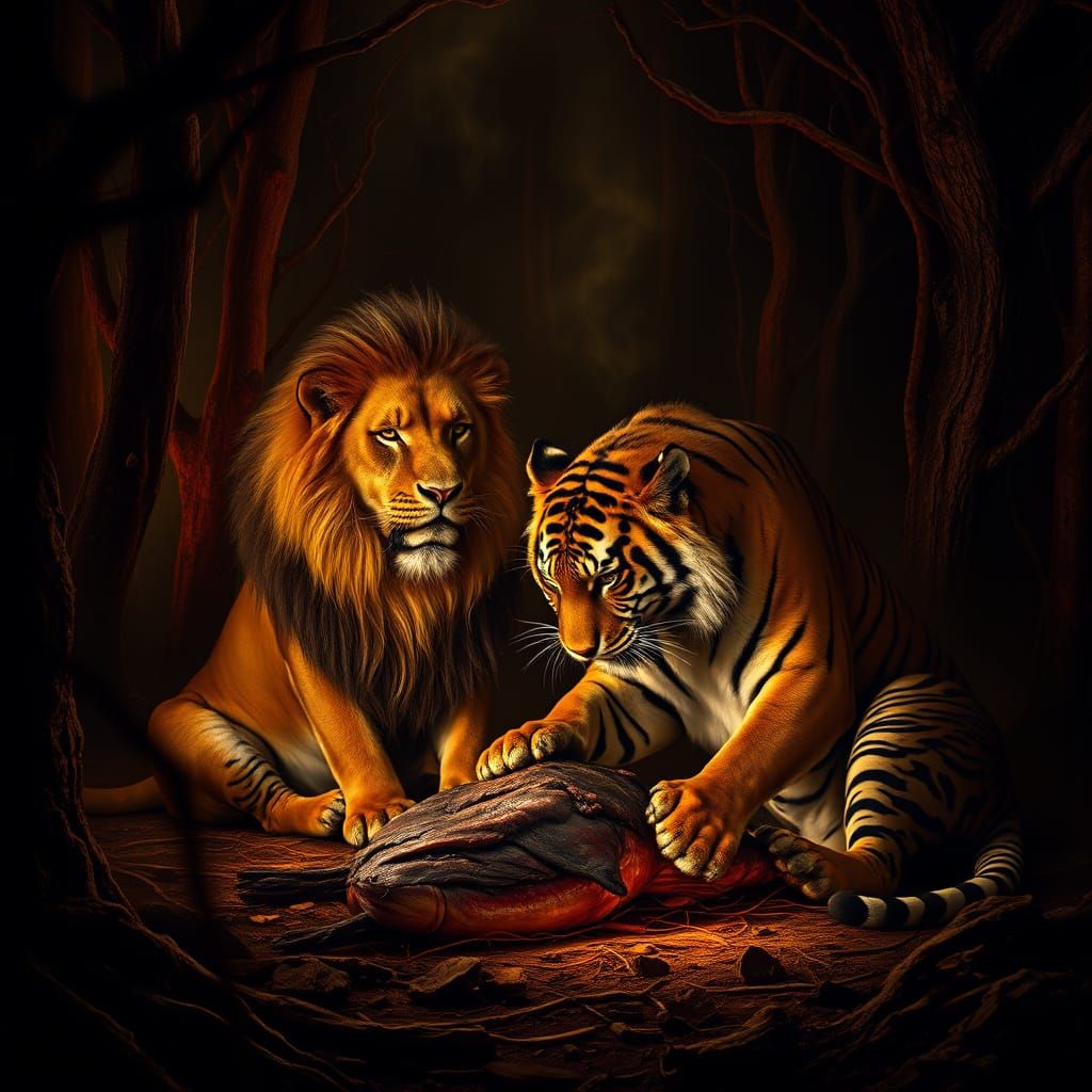 Majestic Lion and Tiger in Ember-Orange Forest