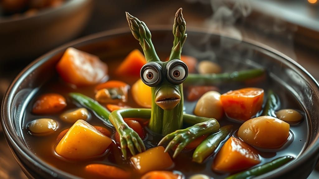 Surreal, Slim Asparagus Seeks Escape from Vegetable Stew
