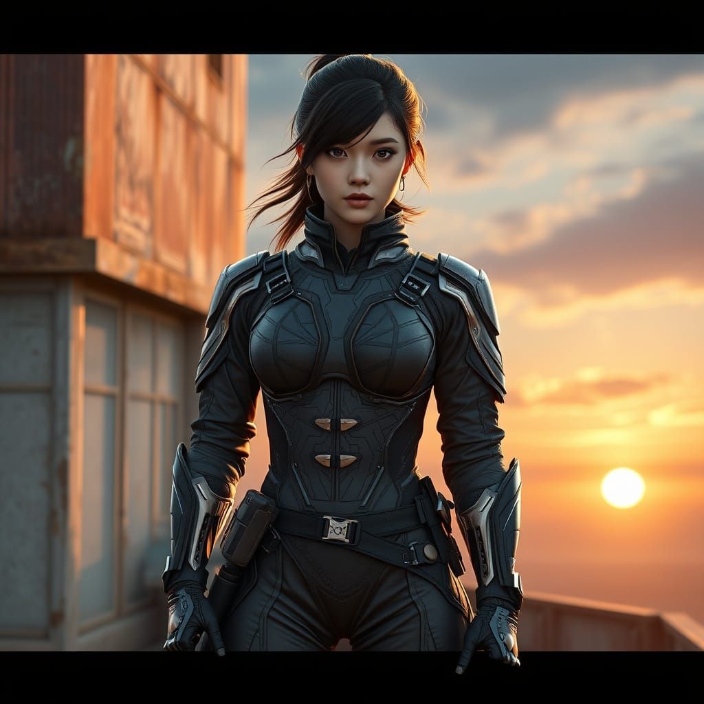 Japanese Superheroine in Elegant Ninja Suit at Sunset