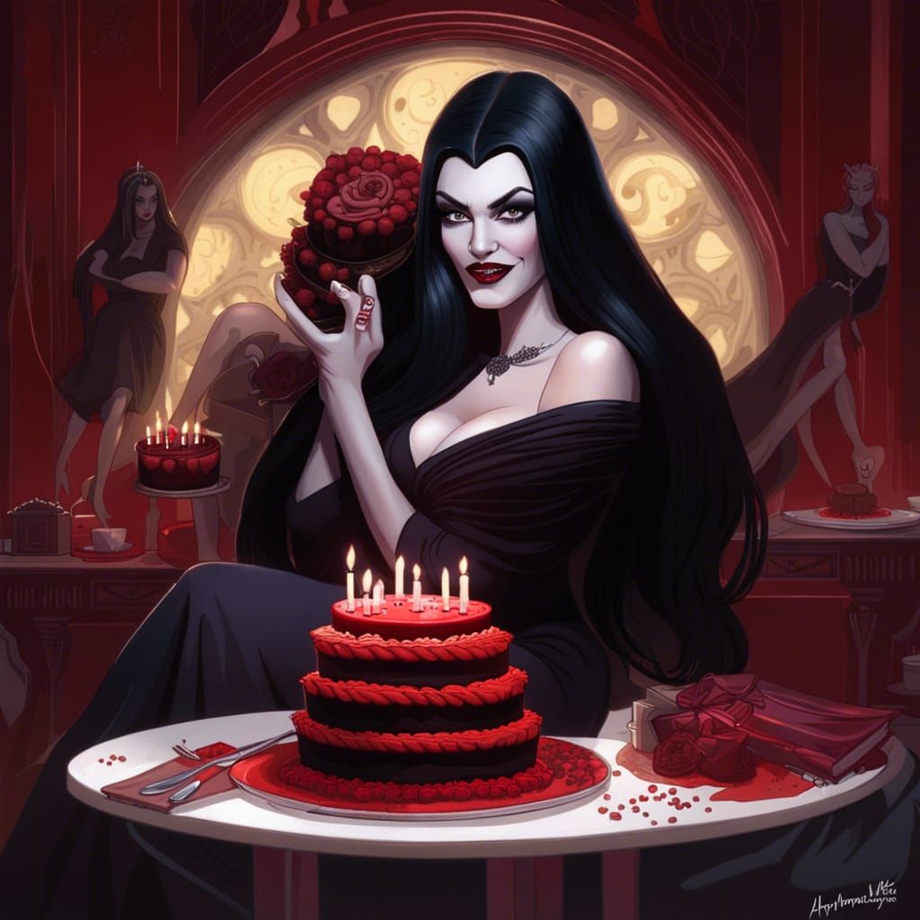 Gothic Woman Cutting Cake, Hyperdetailed Digital Art