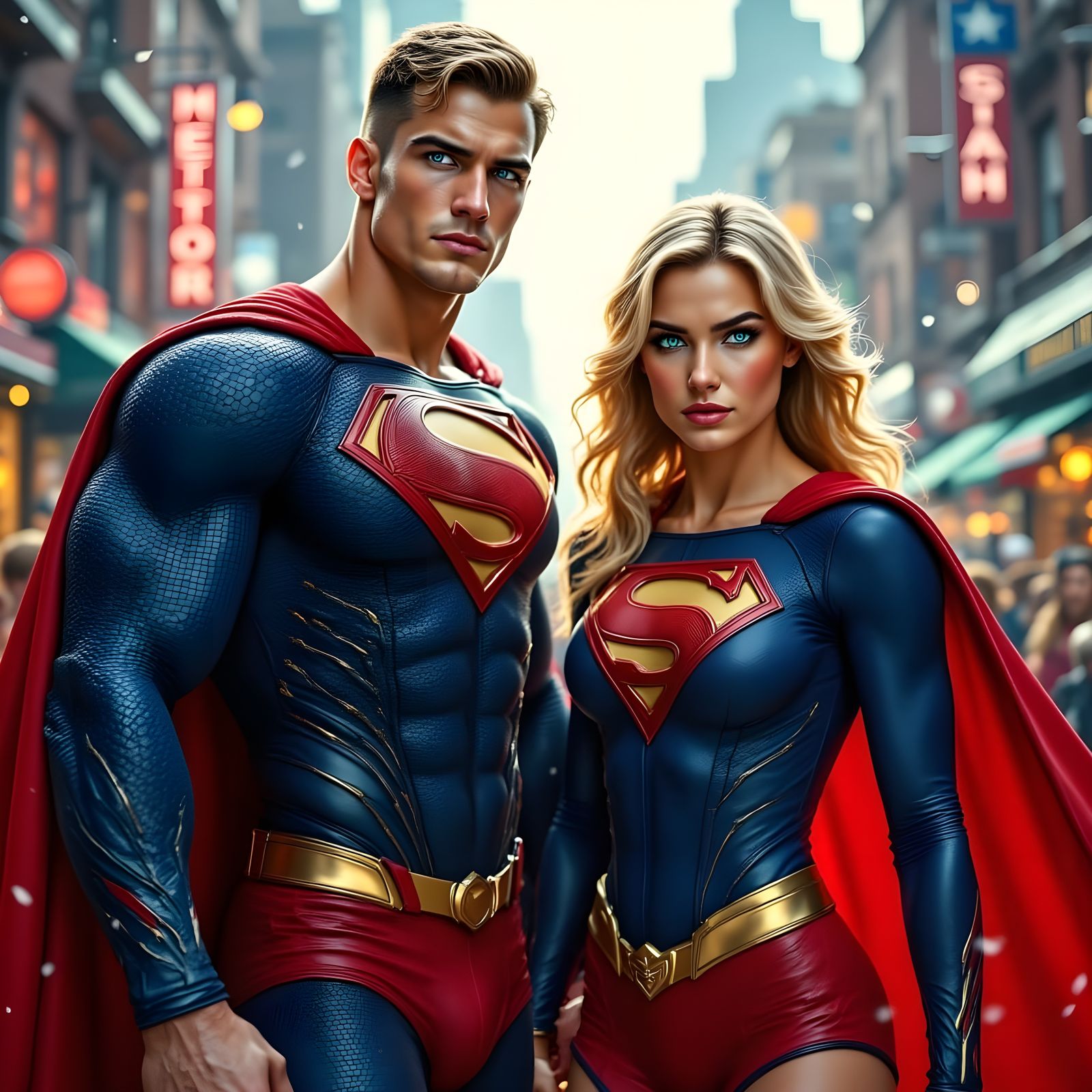 Superman and Supergirl in Metropolis Cityscape