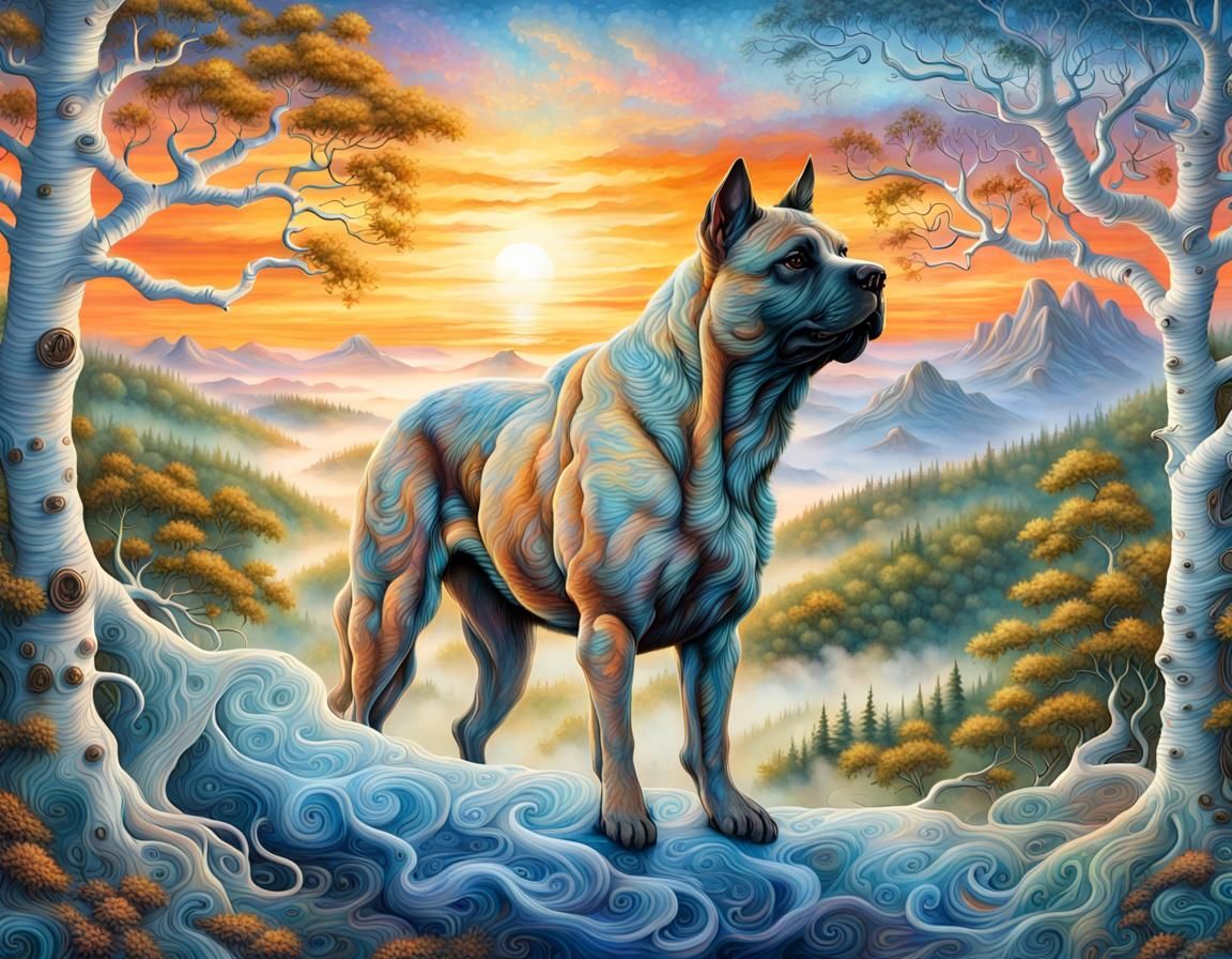 Gigantic Dog Portrait in Holographic Forest Sunset
