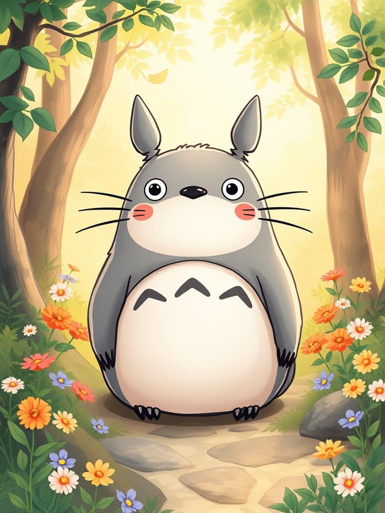 Whimsical Chibi Totoro in Watercolor Style