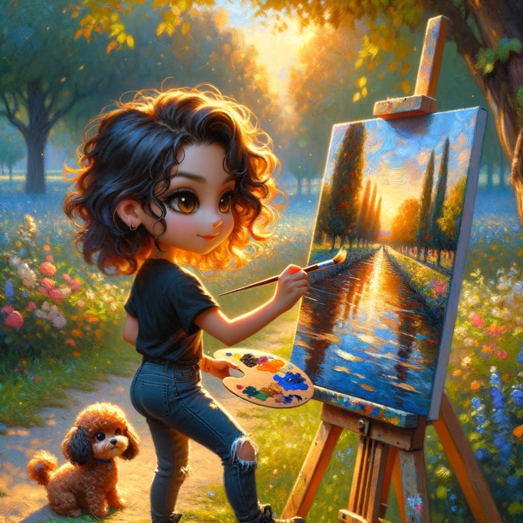 Chibi Artist Paints Impressionist Landscape at Golden Hour