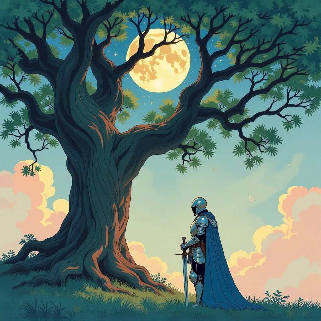 Knight in Moonlit Armor Before Ancient Tree