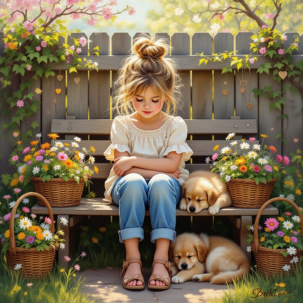 Child Resting in Blooming Garden, Oil Painting Style
