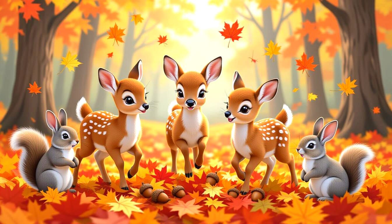 Adorable Baby Deer and Squirrels in Autumn Forest