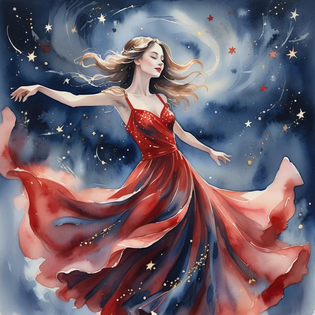 Girl Dancing Under Starry Sky in Watercolour Style