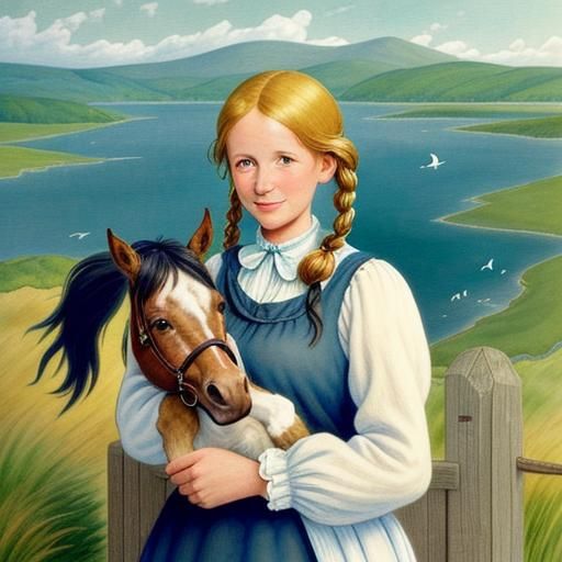 Girl and Pony in Whimsical Watercolor Landscape