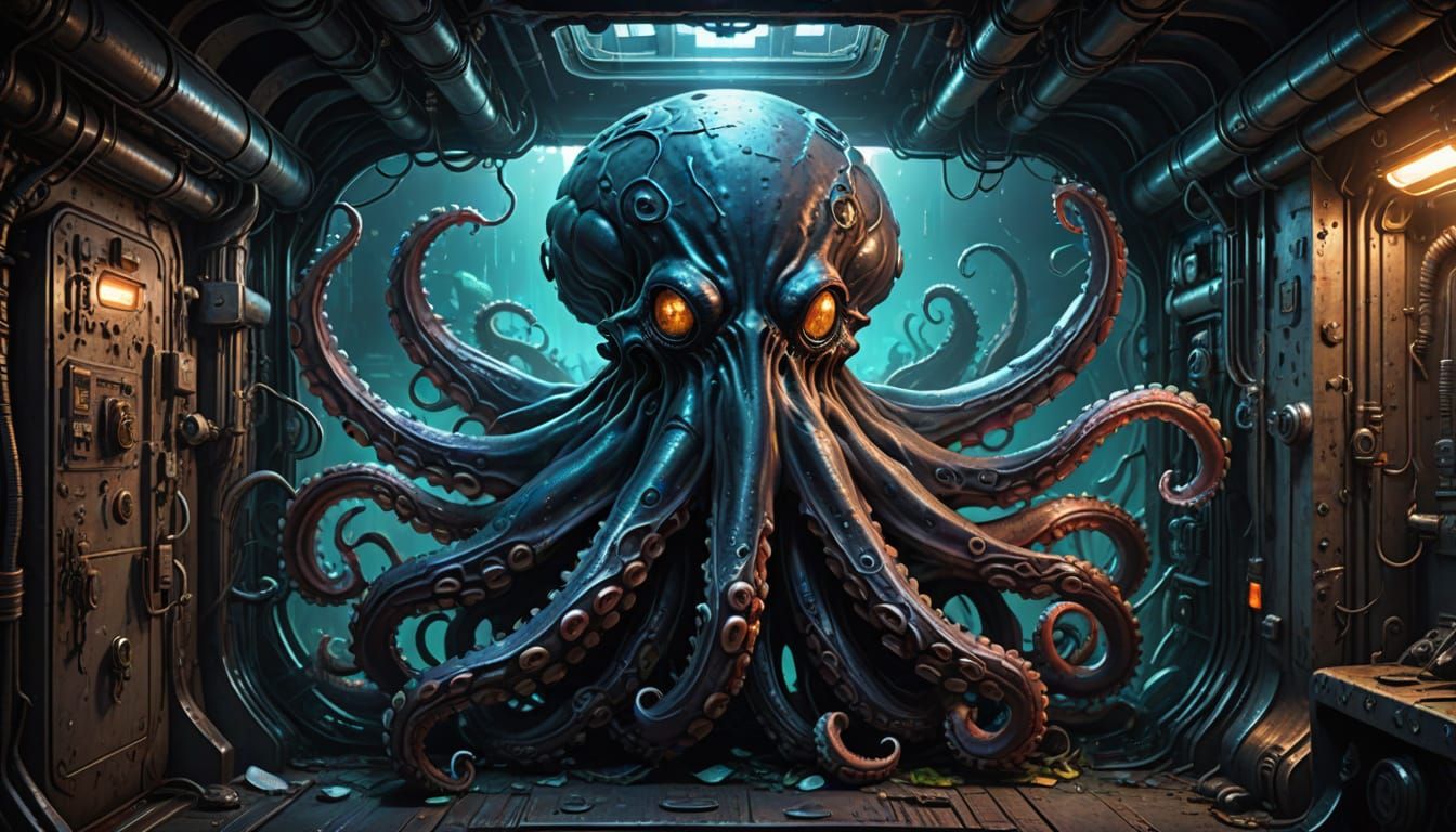 Surrealistic Masterpiece: Octopus Wraps Submarine in Vibrant...