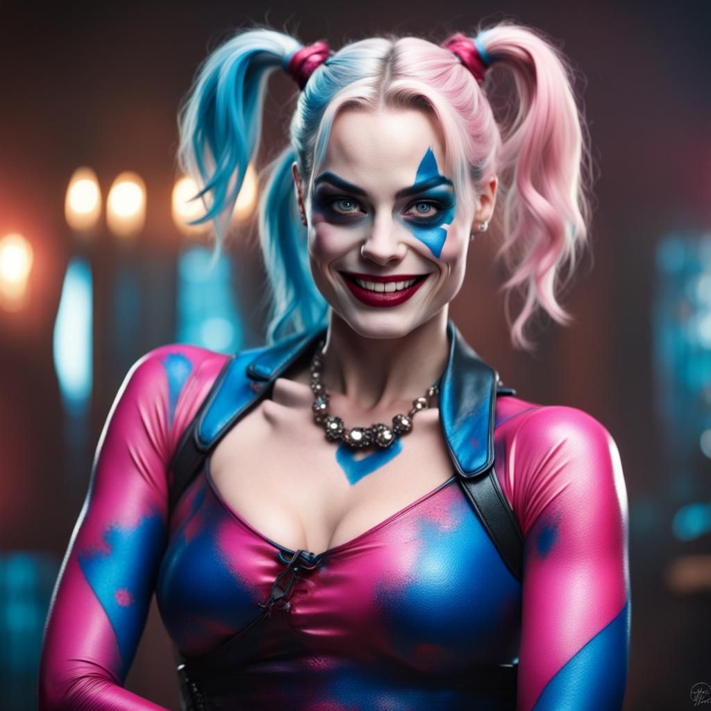 Harley Quinn Portrait in Pink and Blue Bodypaint