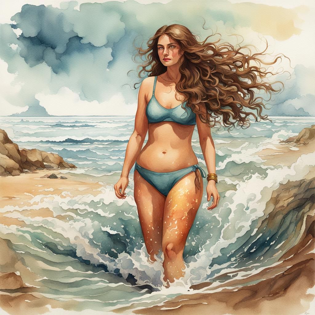 Curvy Woman at the Beach in Watercolor Style
