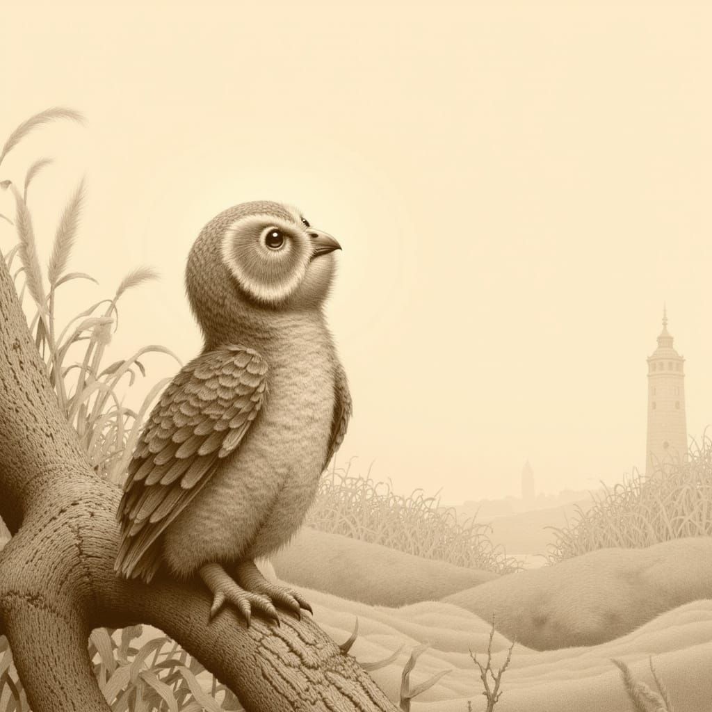 Wise Owl Perched on Branch in Sepia Tones