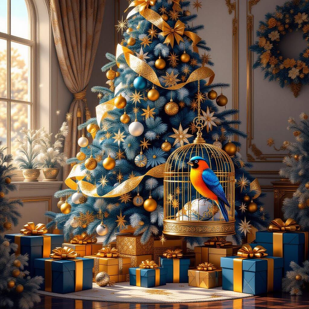 Majestic Blue Gold Christmas Tree with Exotic Bird