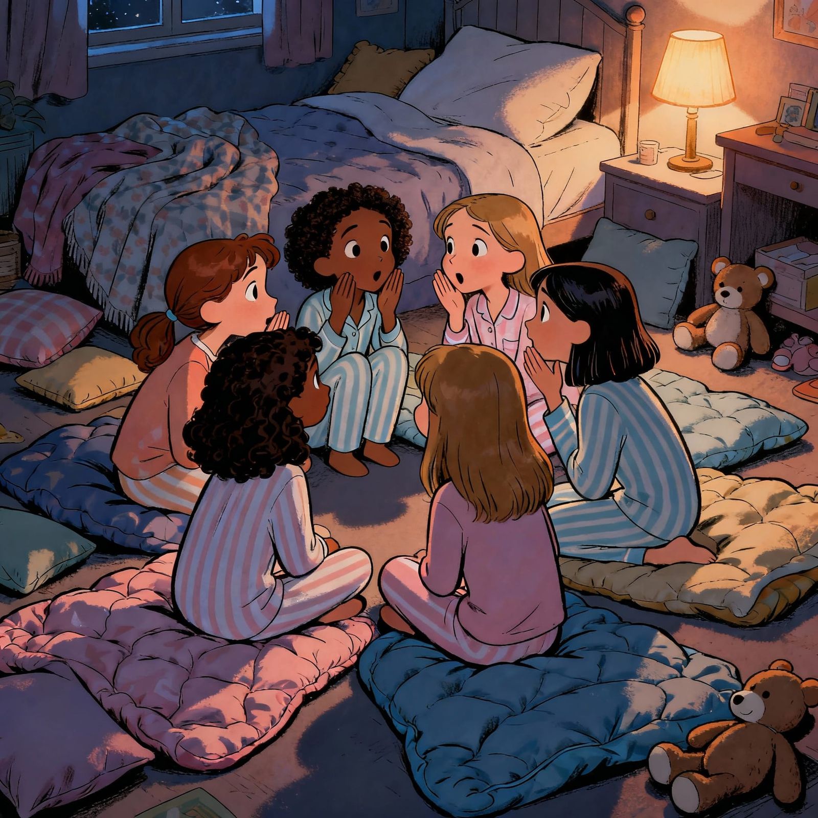 Girls Gossiping at Sleepover in Cozy Bedroom