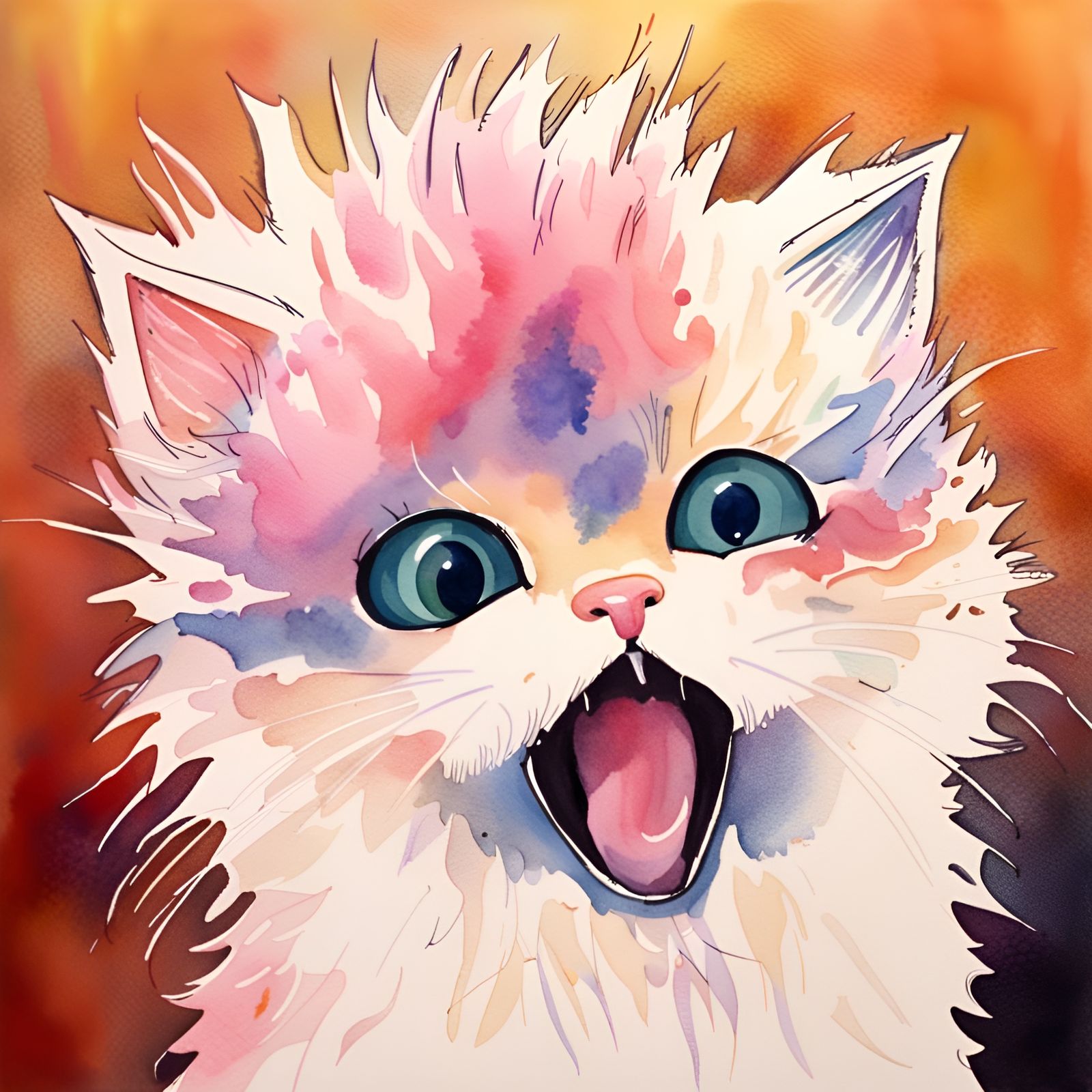 Electric Cat Fuzz Ball Watercolor Painting