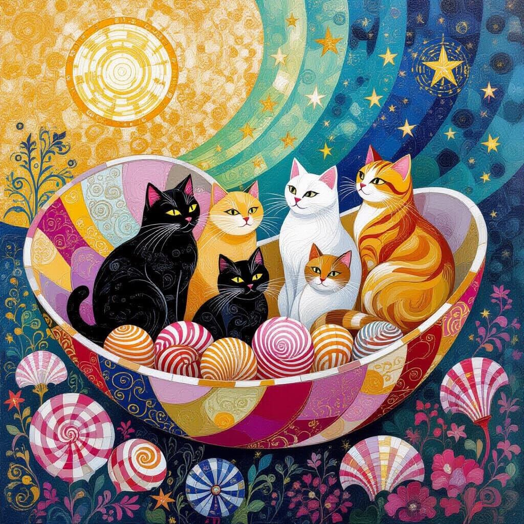 Klimt-Inspired Cats in Seashells with Aurora Borealis