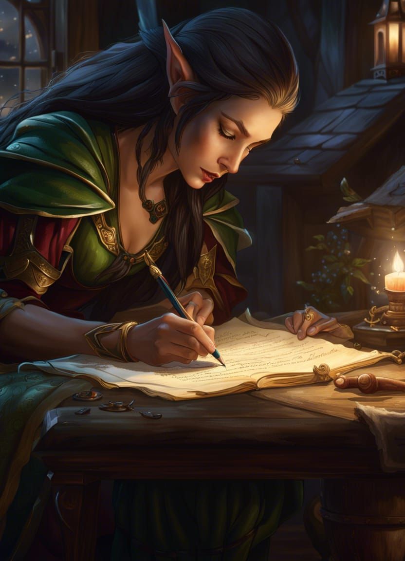 Elegant Elf Writing Letter: Hyperrealistic Digital Art