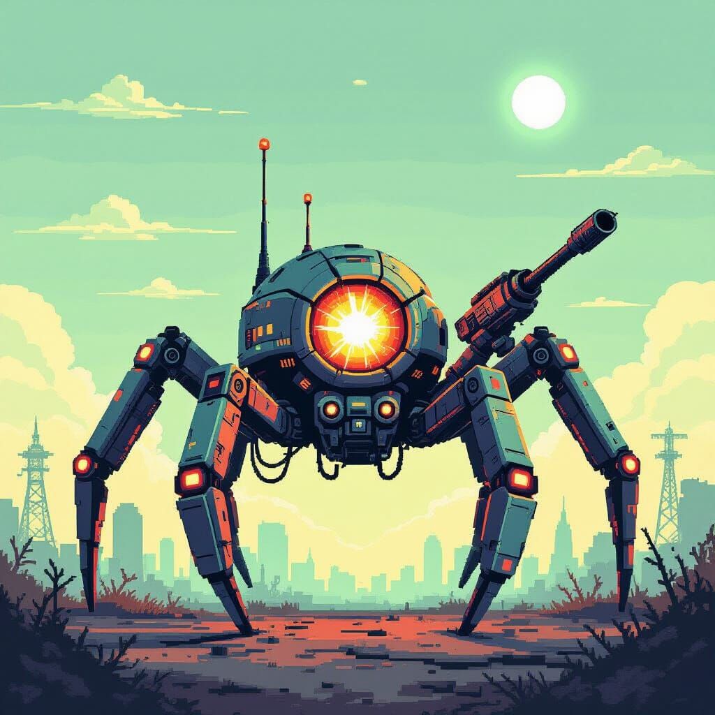 Retro Pixel Art Robot with Saw and Minigun Arms