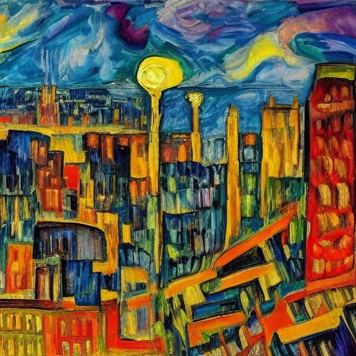 Vibrant Cityscape Lightning Storm: Neo-Expressionist Oil Pai...