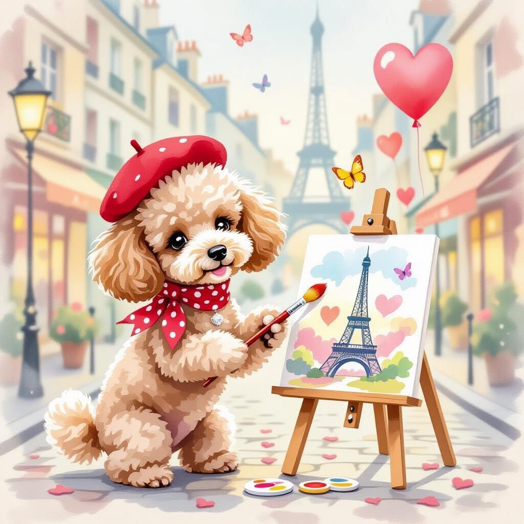 Charming Poodle Painting Eiffel Tower in Watercolor Style