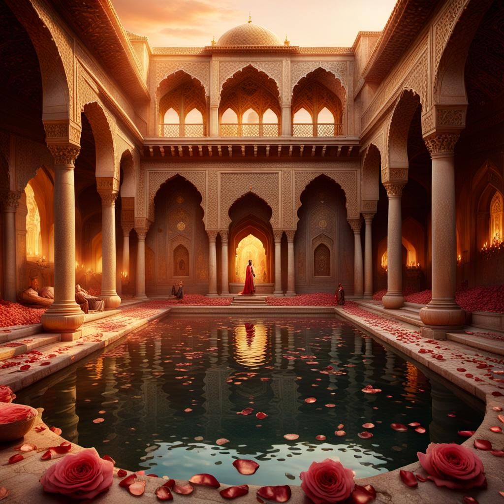 Ancient Persian Palace Bathhouse Scene in Cinematic Digital...