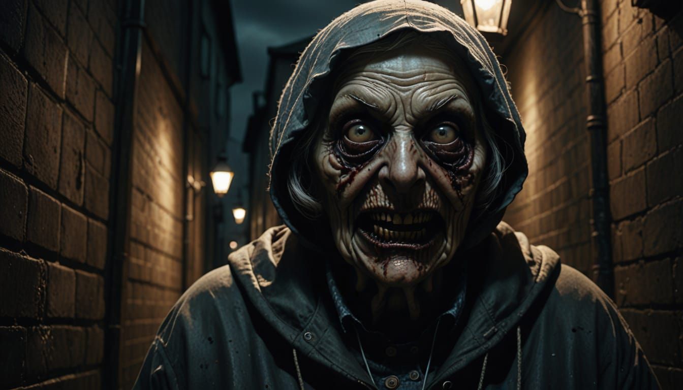 Hyper-Realistic Horror: British Granny in Dark Alley