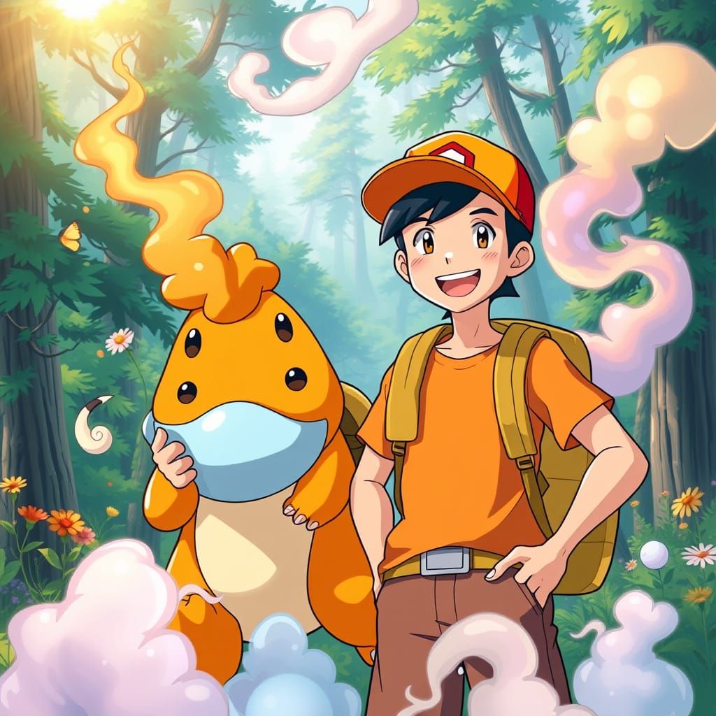 Confident Young Adventurer with Trusty Pokémon in Vibrant Fo...